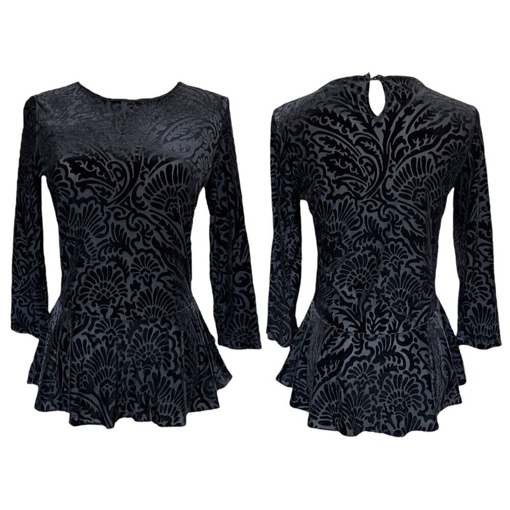 Ralph Lauren Black Velvet Burnout Peplum Top Womens Size PS Gothic Dark Romantic